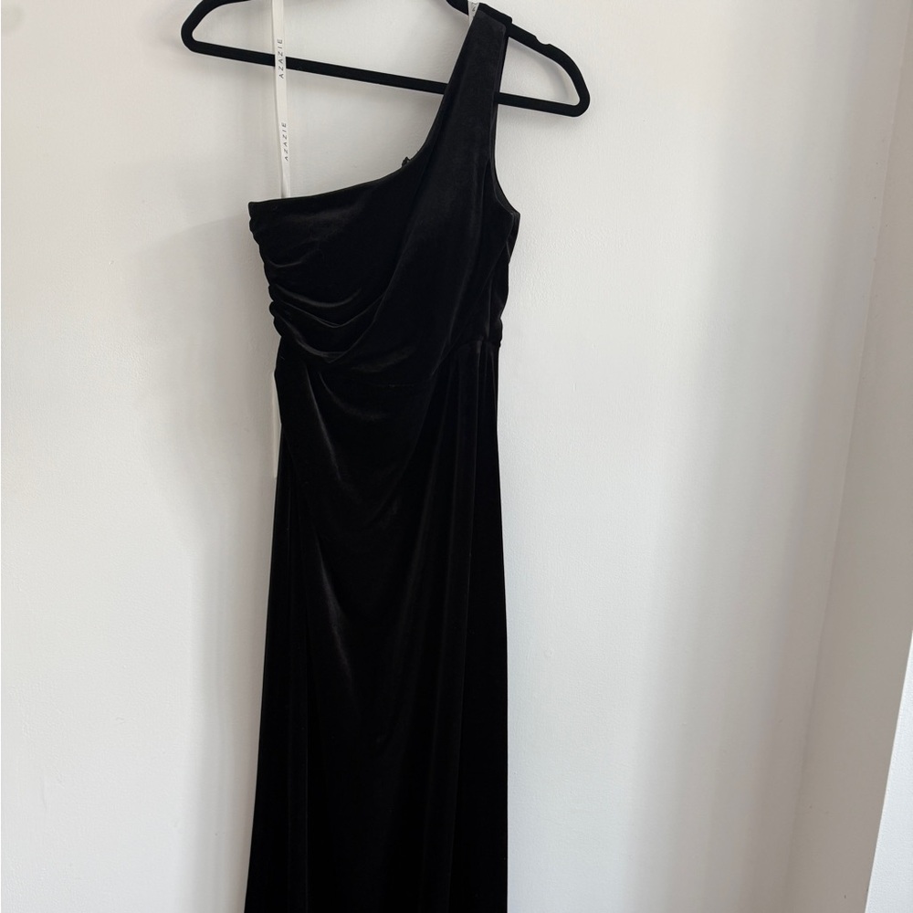 Azazie Black Mermaid One Shoulder Pleated Velvet Dress - Picture 7 of 7
